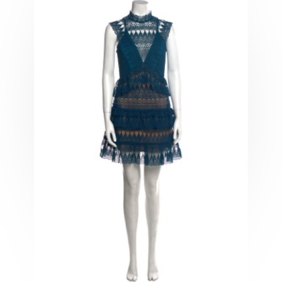 Self-Portrait / Teardrop Guipure tiered lace minidress Teal turquoise US 6 UK 10 - Picture 7 of 8